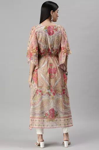 women's calf length v-neck multi floral kaftan kurta