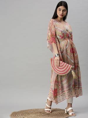 women's calf length v-neck multi floral kaftan kurta 5