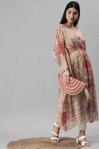 women's calf length v-neck multi floral kaftan kurta