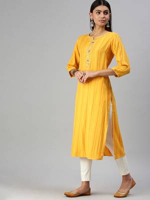 Showoff women's calf length round neck yellow striped straight kurta 2