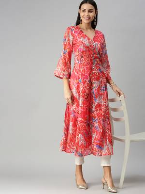 women's calf length v-neck red abstract a-line kurta 1