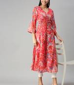 women's calf length v-neck red abstract a-line kurta