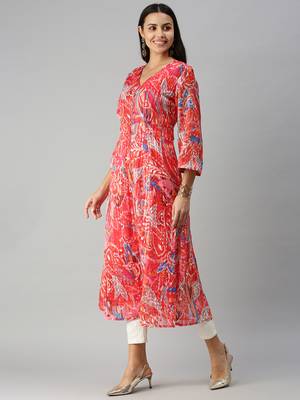 women's calf length v-neck red abstract a-line kurta 2