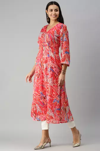 women's calf length v-neck red abstract a-line kurta