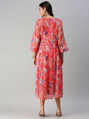 women's calf length v-neck red abstract a-line kurta 3