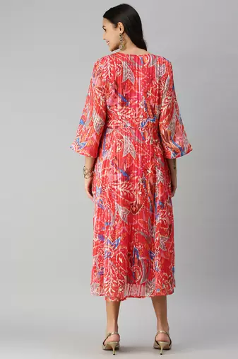 women's calf length v-neck red abstract a-line kurta