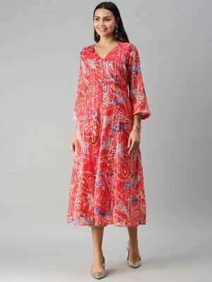 women's calf length v-neck red abstract a-line kurta 4