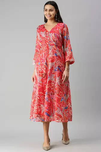 women's calf length v-neck red abstract a-line kurta