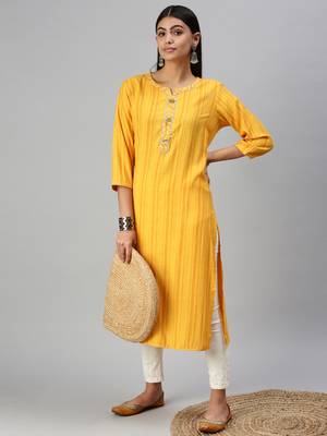Showoff women's calf length round neck yellow striped straight kurta 5