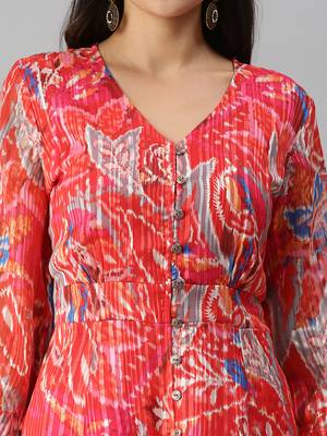women's calf length v-neck red abstract a-line kurta 5