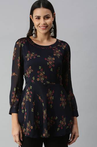 women's above knee round neck navy blue floral a-line kurta