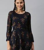 women's above knee round neck navy blue floral a-line kurta