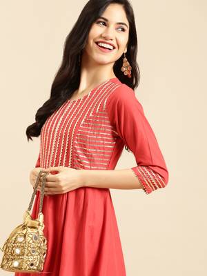 women's ankle length round neck red solid a-line kurta 1