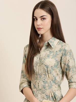 women's calf length shirt collar beige floral a-line kurta 1