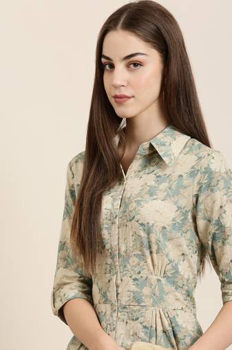 women's calf length shirt collar beige floral a-line kurta