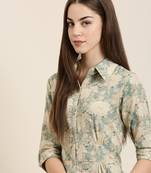 women's calf length shirt collar beige floral a-line kurta