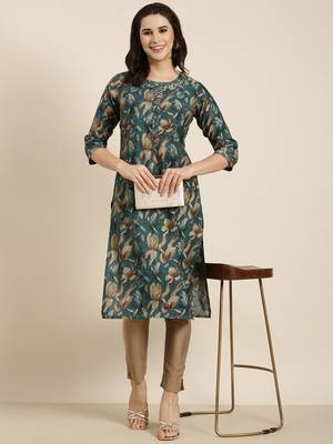 women's calf length round neck teal floral straight kurta 1