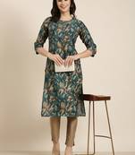 women's calf length round neck teal floral straight kurta