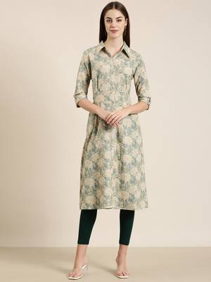 women's calf length shirt collar beige floral a-line kurta 2