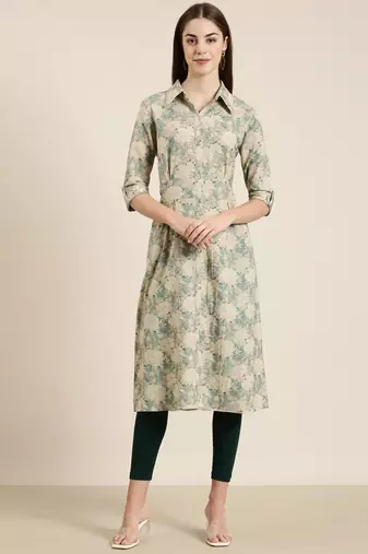 women's calf length shirt collar beige floral a-line kurta
