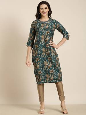 women's calf length round neck teal floral straight kurta 2