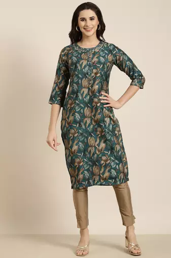 women's calf length round neck teal floral straight kurta