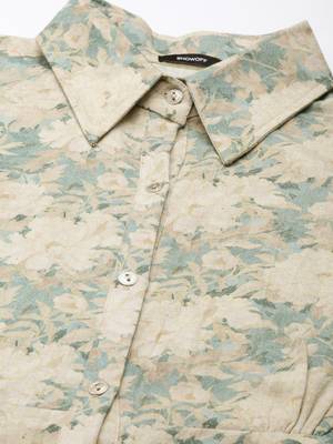 women's calf length shirt collar beige floral a-line kurta 3