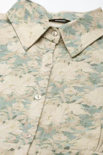 women's calf length shirt collar beige floral a-line kurta