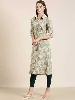 women's calf length shirt collar beige floral a-line kurta 4