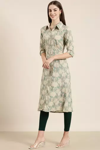 women's calf length shirt collar beige floral a-line kurta