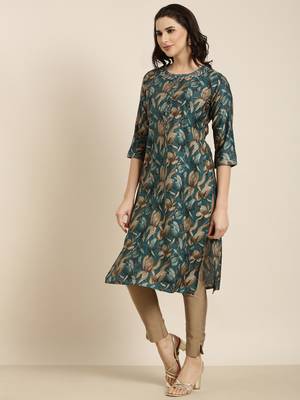 women's calf length round neck teal floral straight kurta 3
