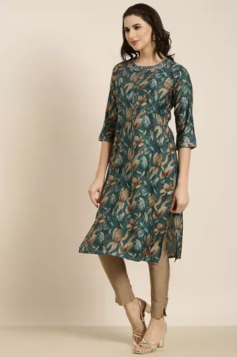 women's calf length round neck teal floral straight kurta