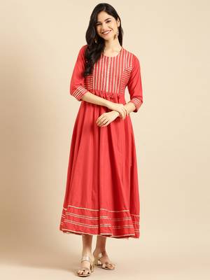 women's ankle length round neck red solid a-line kurta 3