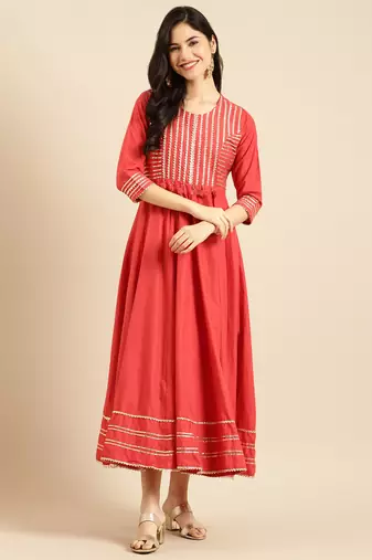 women's ankle length round neck red solid a-line kurta