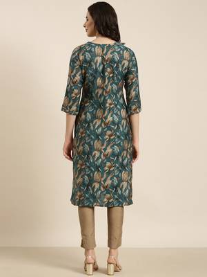 women's calf length round neck teal floral straight kurta 4