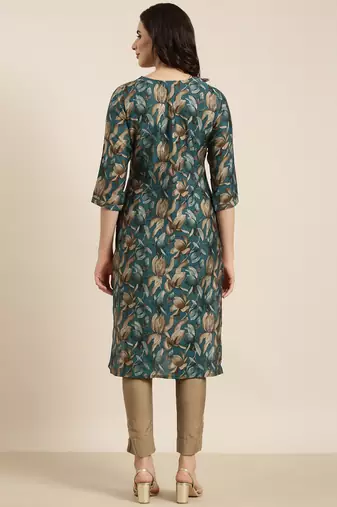 women's calf length round neck teal floral straight kurta