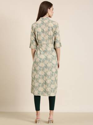 women's calf length shirt collar beige floral a-line kurta 5