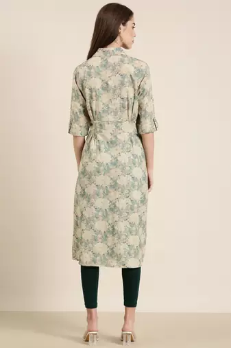 women's calf length shirt collar beige floral a-line kurta