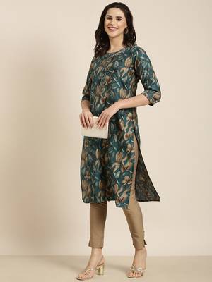 women's calf length round neck teal floral straight kurta 5