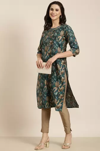 women's calf length round neck teal floral straight kurta
