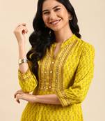 women's calf length mandarin collar lime green geometric straight kurta
