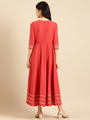 women's ankle length round neck red solid a-line kurta 4