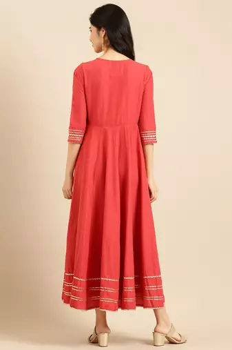 women's ankle length round neck red solid a-line kurta