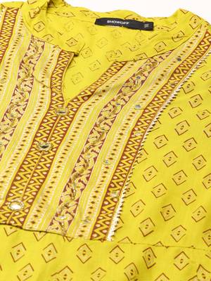 women's calf length mandarin collar lime green geometric straight kurta 2