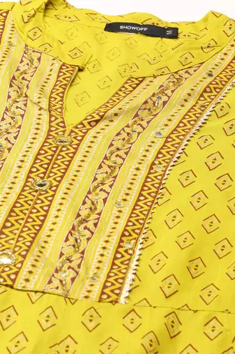 women's calf length mandarin collar lime green geometric straight kurta