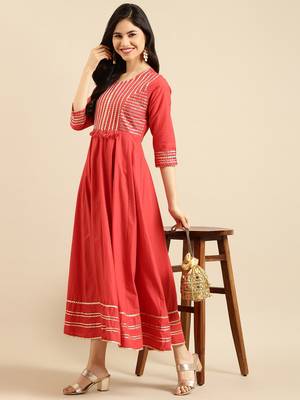 women's ankle length round neck red solid a-line kurta 5