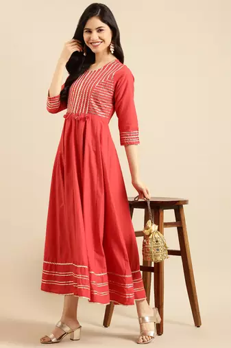 women's ankle length round neck red solid a-line kurta