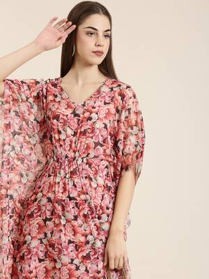 Showoff women's ankle length v-neck peach floral kaftan kurta 1