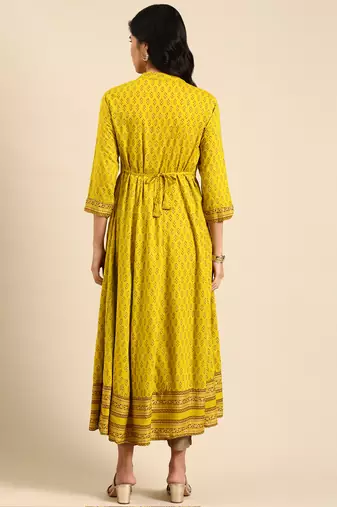 women's calf length mandarin collar lime green geometric straight kurta