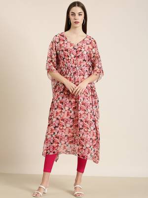 Showoff women's ankle length v-neck peach floral kaftan kurta 2